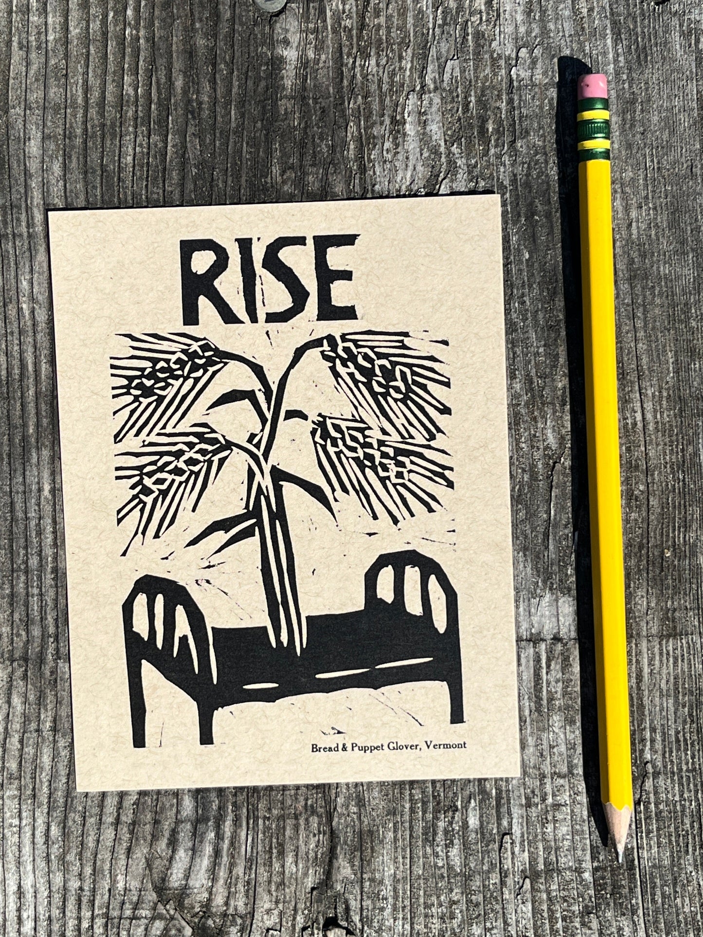 Small printed card with 'RISE' and a graphic of a plow on a wooden surface with a pencil.