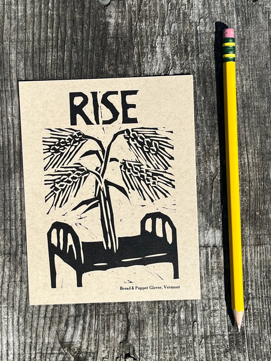 Small printed card with 'RISE' and a graphic of a plow on a wooden surface with a pencil.